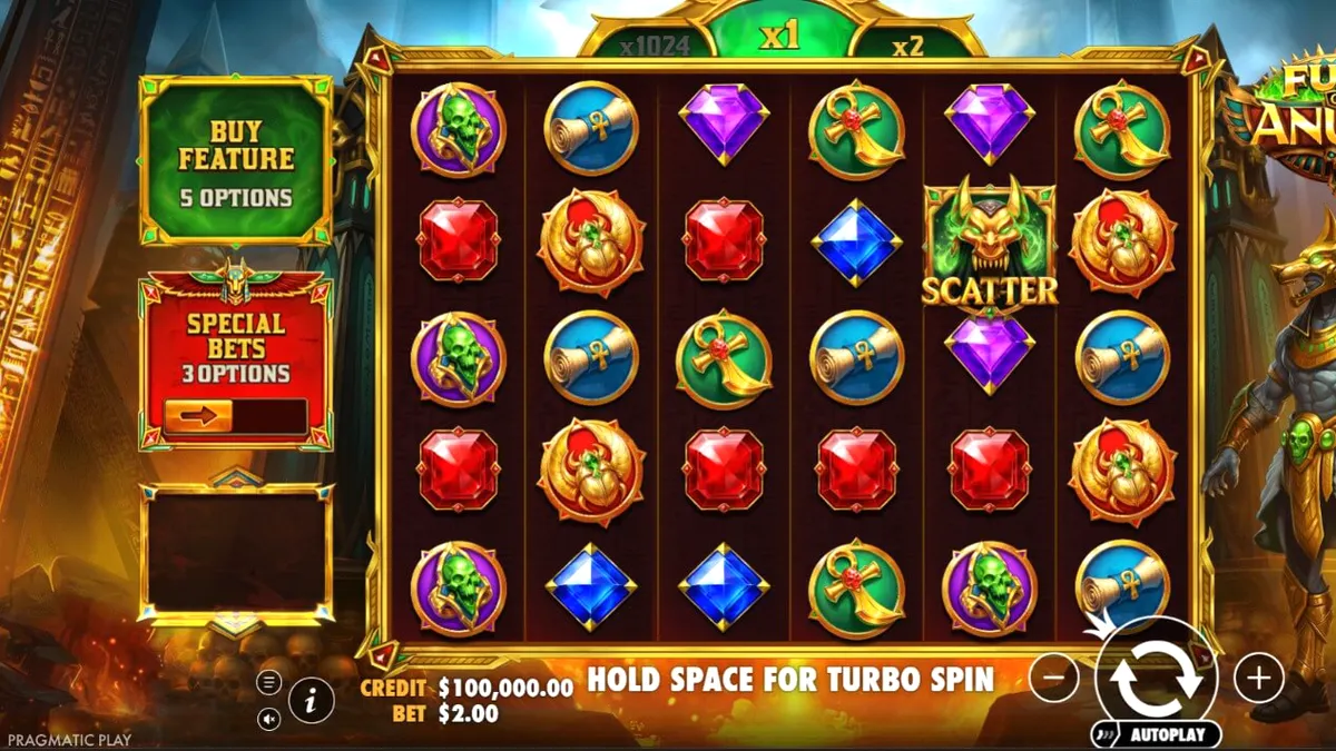 Tampilan visual slot Fury of Anubis dengan latar belakang makam Mesir yang penuh api